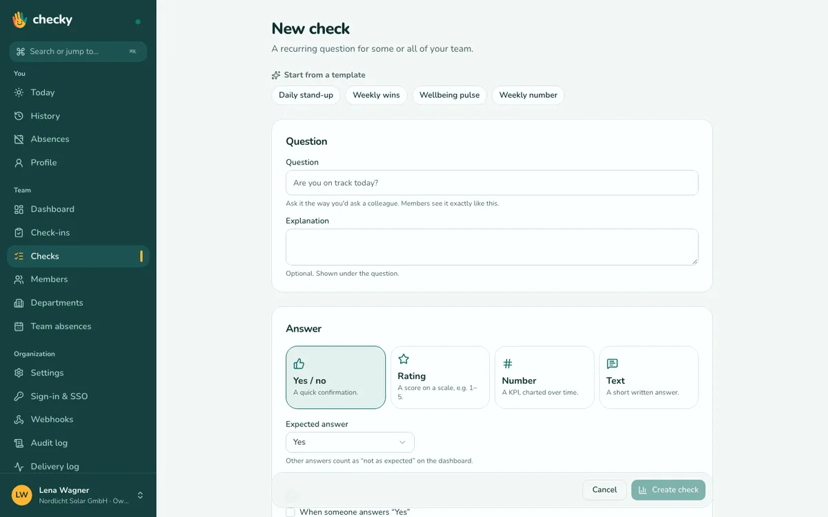Check editor: question, type, schedule, reaction window